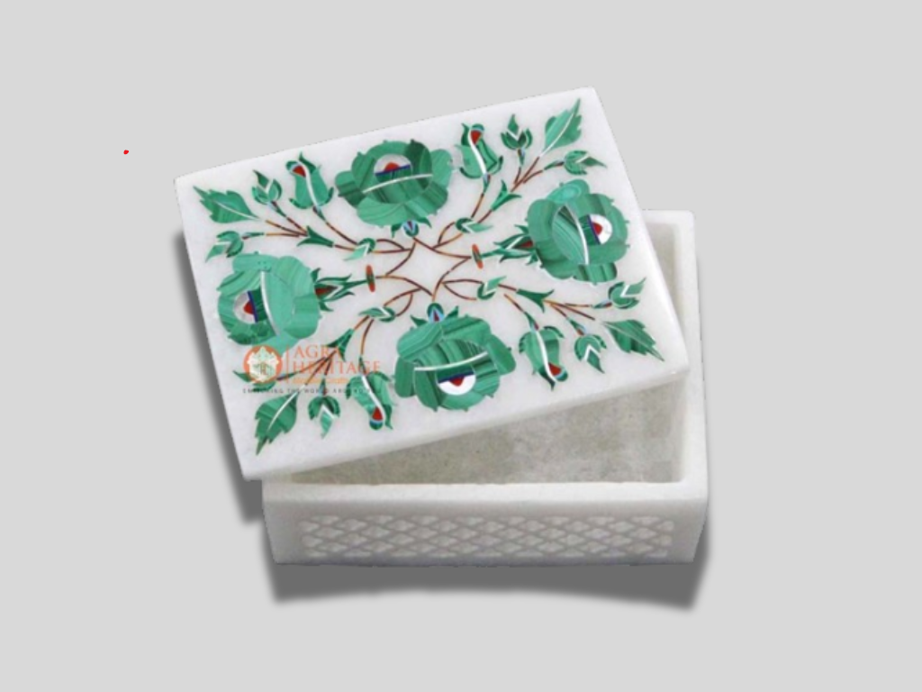 White Marble Malachite Floral Interior Marquetry Storage Box